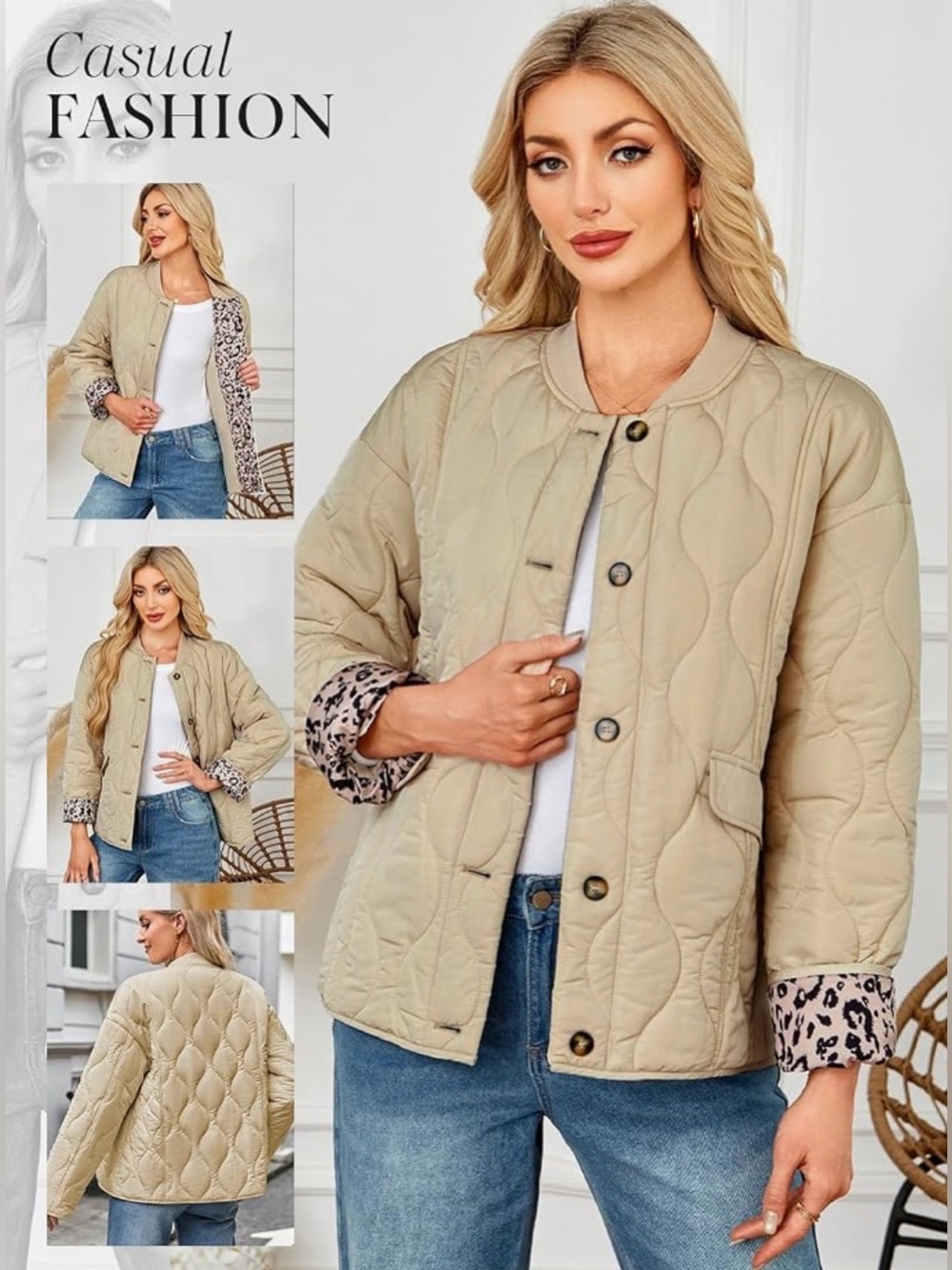 Dokotoo Apricot Beige Leopard Lined Quilted Jacket Large - Picture 2 of 6